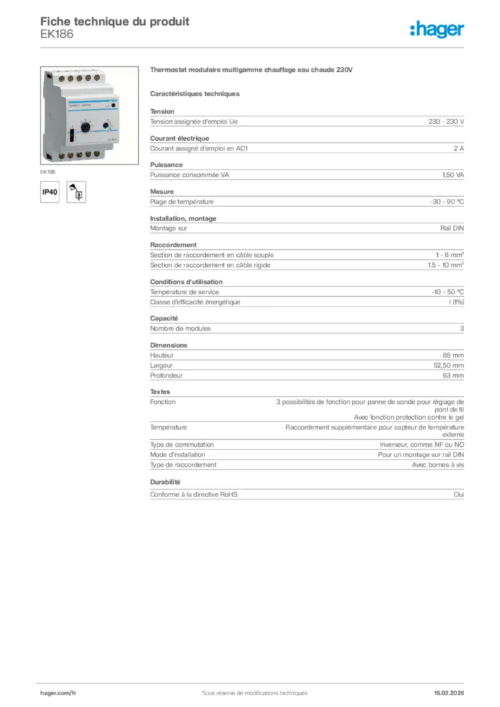 Image Hager Fiche technique du produit EK186 | Hager France