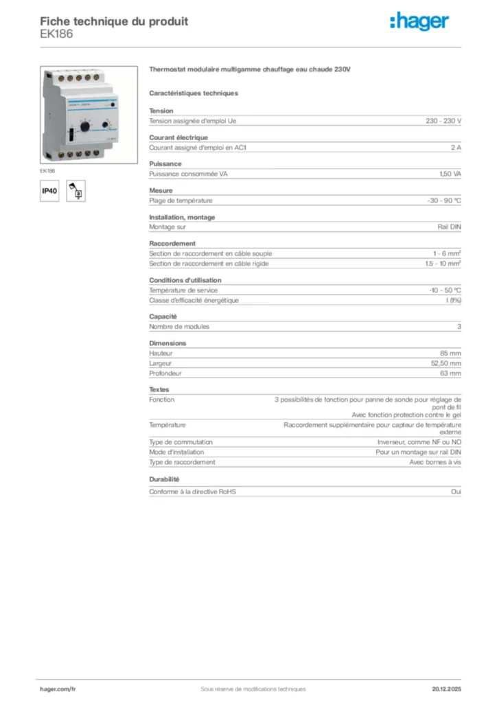 Image Hager Fiche technique du produit EK186 | Hager France