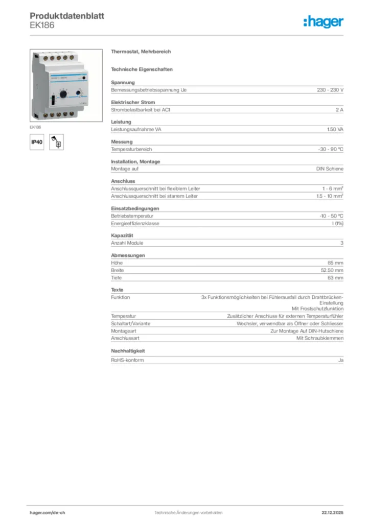 Bild Hager Produktdatenblatt EK186 | Hager Schweiz
