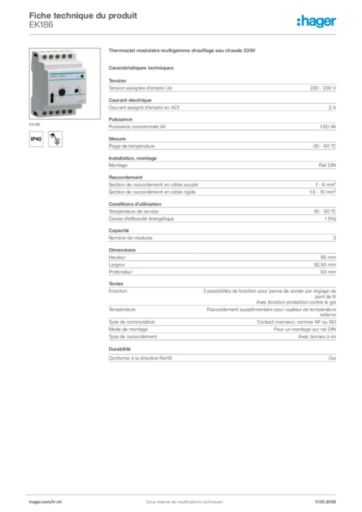 Image Hager Fiche technique du produit EK186 | Hager Suisse