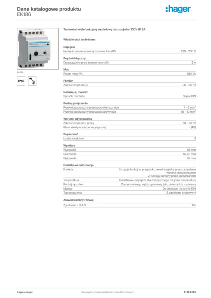 Zdjęcie Hager Dane katalogowe produktu EK186 | Hager Polska