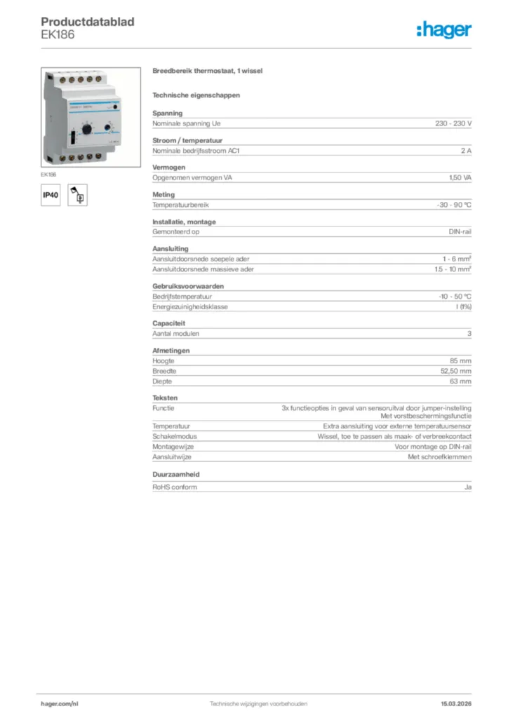 Afbeelding Hager Productdatablad EK186 | Hager Nederland