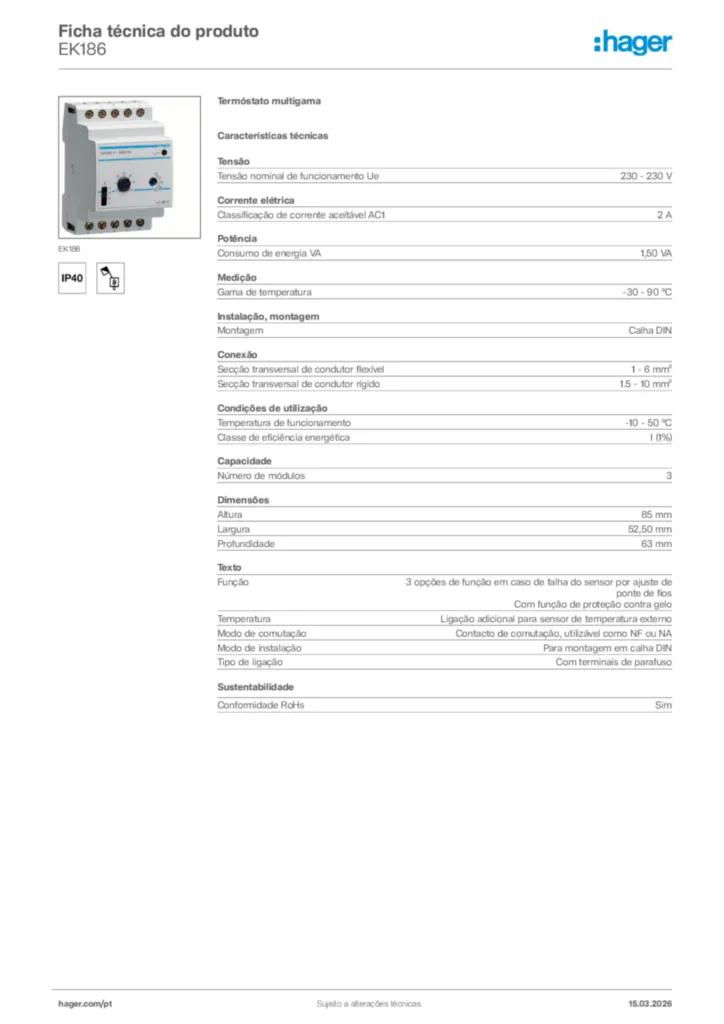 Imagem Hager Ficha técnica do produto EK186 | Hager Portugal