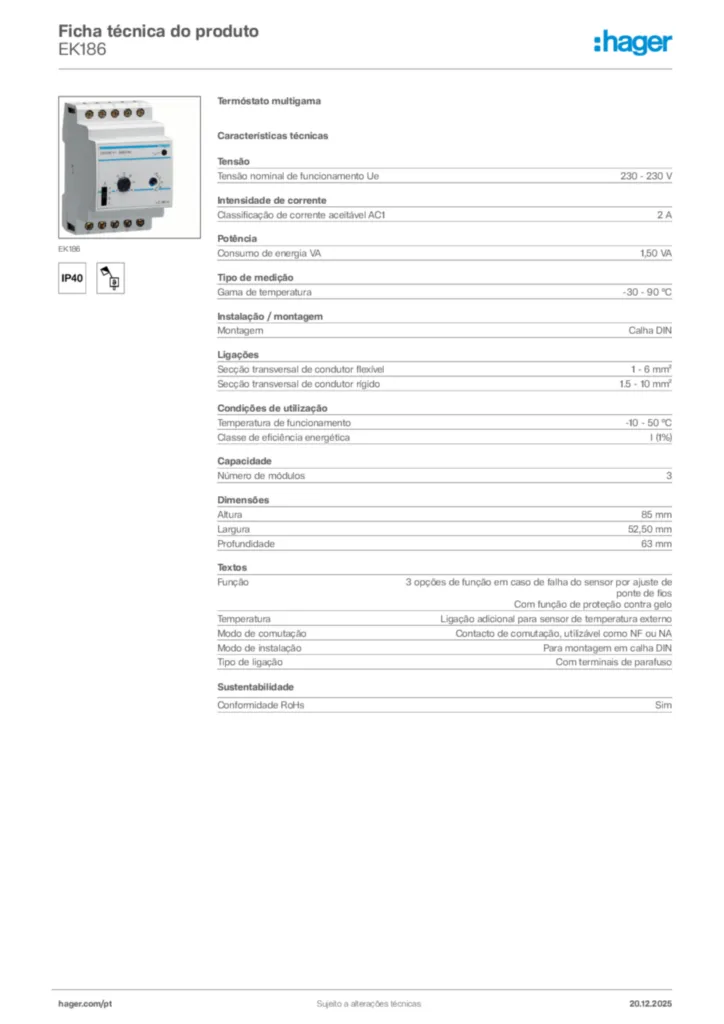 Imagem Hager Ficha técnica do produto EK186 | Hager Portugal