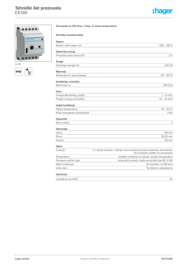 Slika Hager Product data sheet EK186  | Hager
