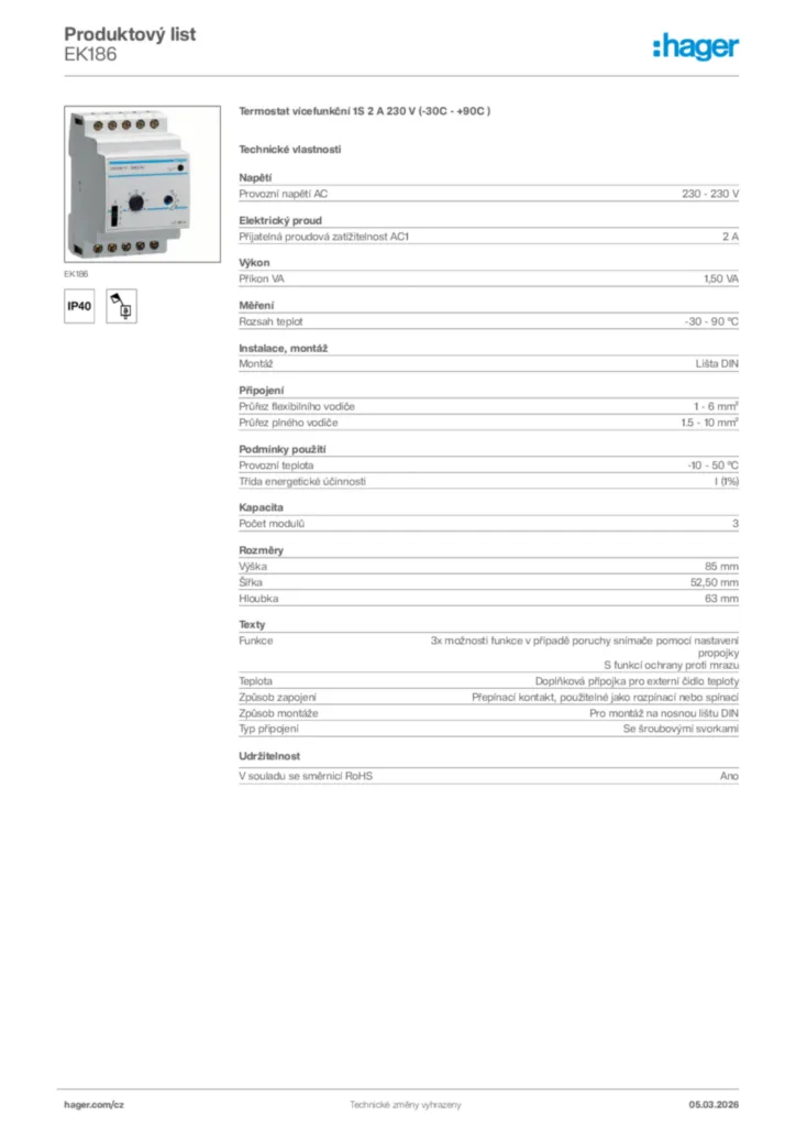 Obrázek Hager Product data sheet EK186 | Hager