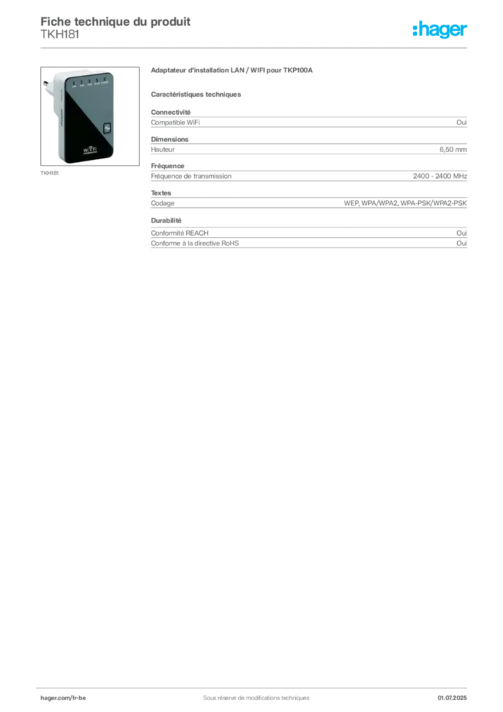 Image Hager Fiche technique du produit TKH181 | Hager Belgique