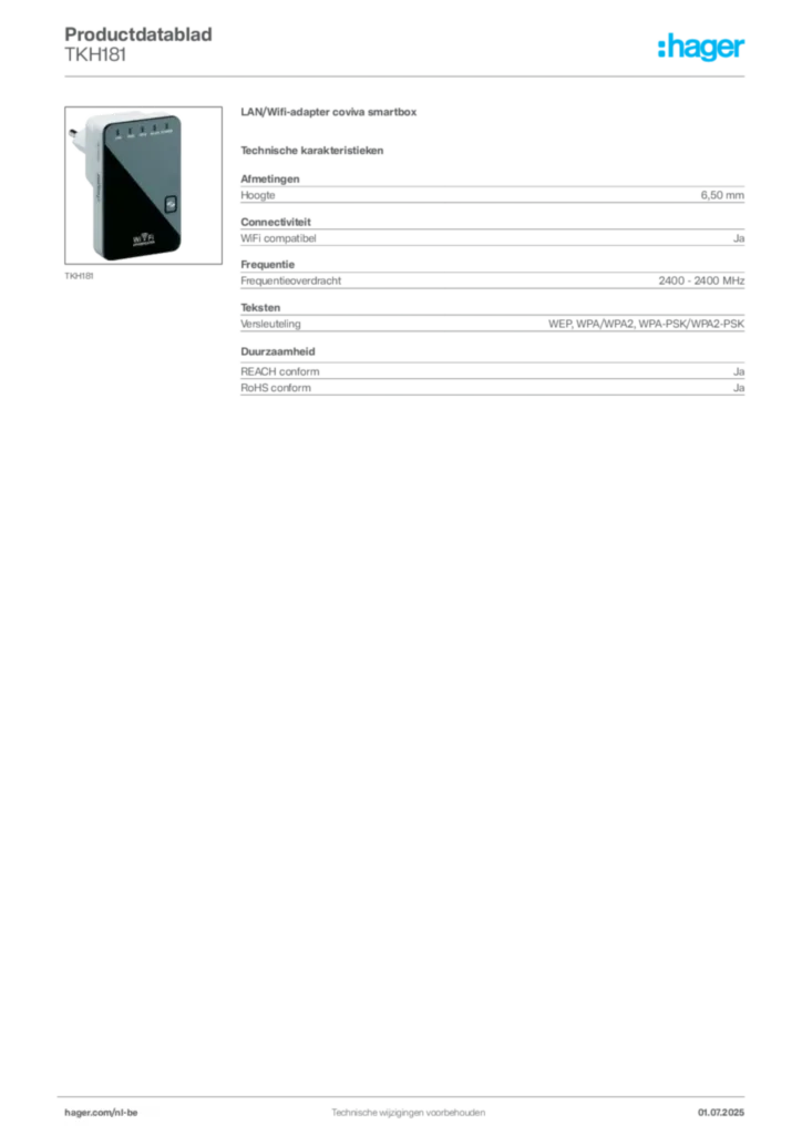 Afbeelding Hager Productdatablad TKH181 | Hager Belgium