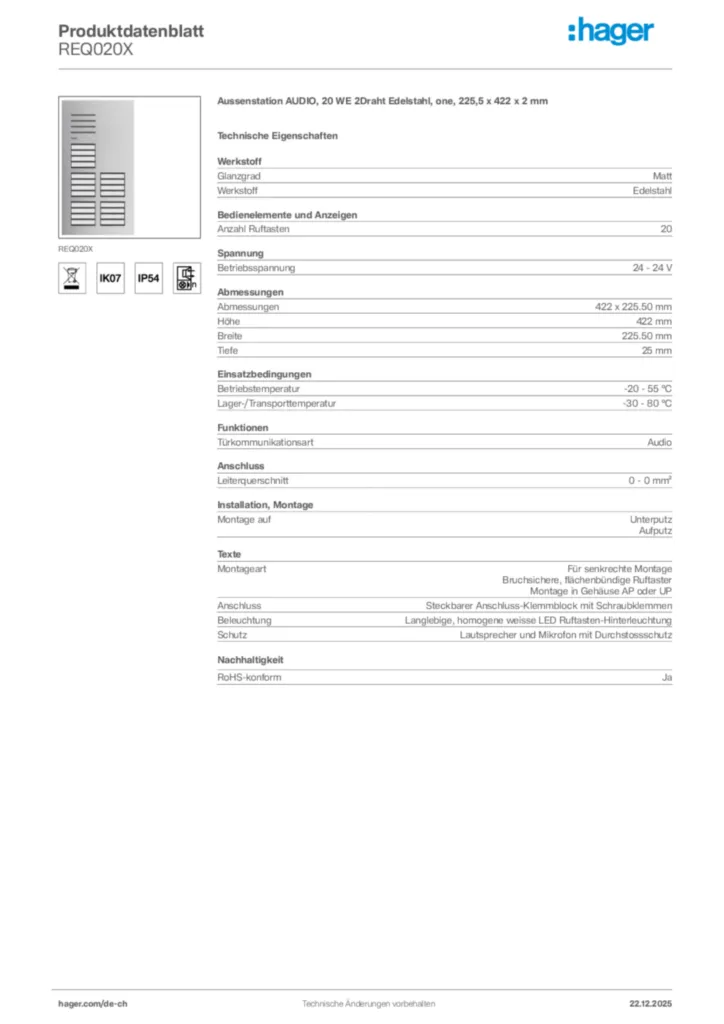 Bild Hager Produktdatenblatt REQ020X | Hager Schweiz