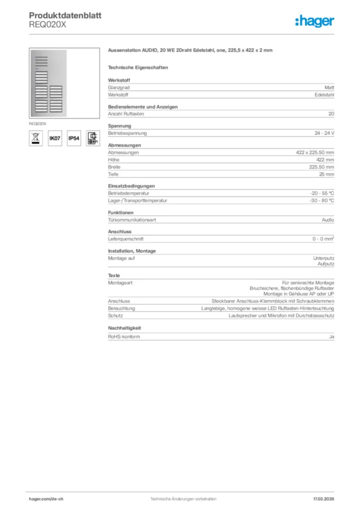 Bild Hager Produktdatenblatt REQ020X | Hager Schweiz