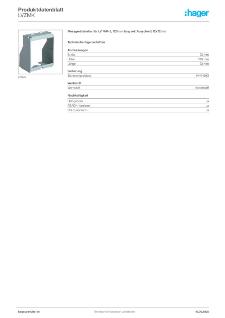 Bild Hager Produktdatenblatt LVZMK | Hager Schweiz