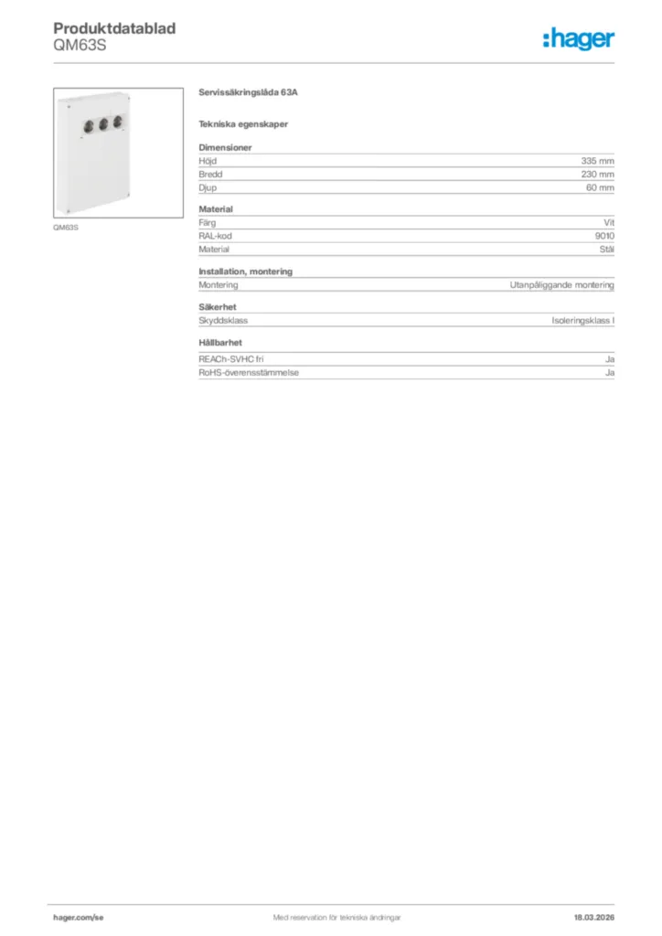 Bild Hager Produktdatablad QM63S | Hager Sverige