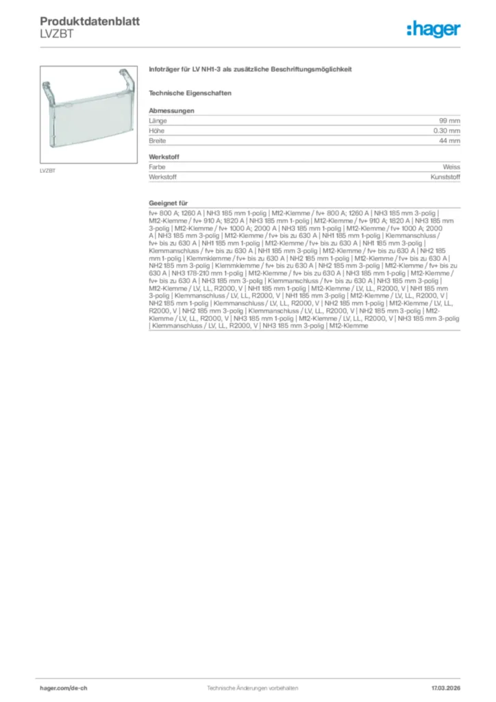 Bild Hager Produktdatenblatt LVZBT | Hager Schweiz
