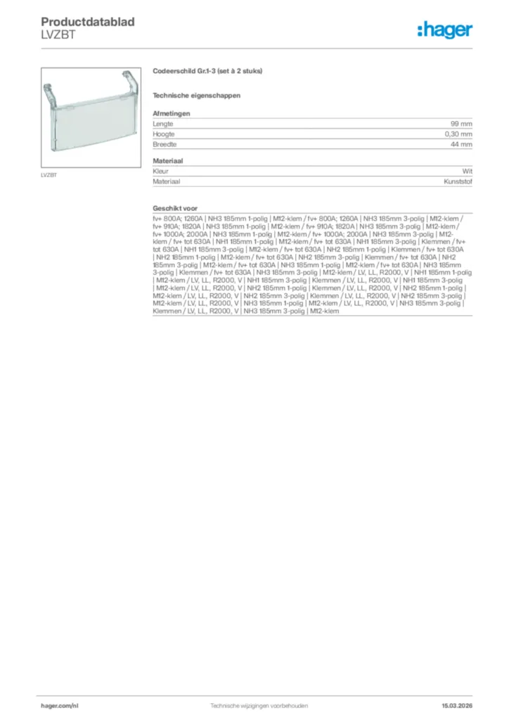 Afbeelding Hager Productdatablad LVZBT | Hager Nederland