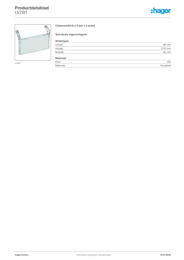 Afbeelding Hager Productdatablad LVZBT | Hager Nederland