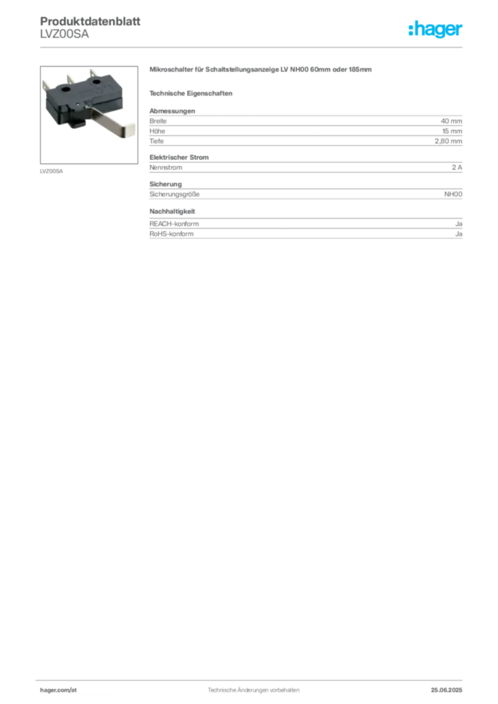 Bild Hager Produktdatenblatt LVZ00SA | Hager Deutschland