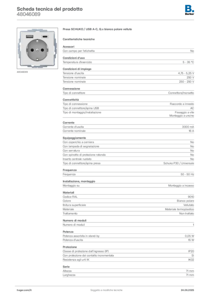 Immagine Berker Scheda tecnica del prodotto 48046089 | Hager Italia