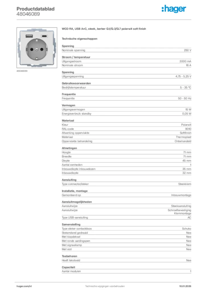 Afbeelding Hager Productdatablad 48046089 | Hager Nederland