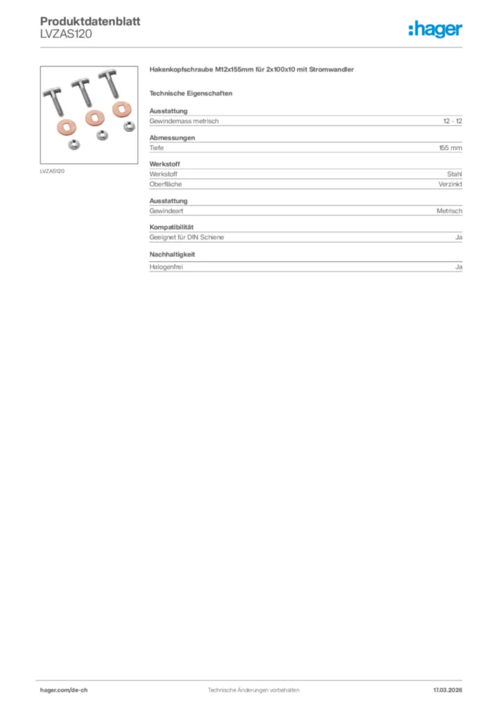 Bild Hager Produktdatenblatt LVZAS120 | Hager Schweiz