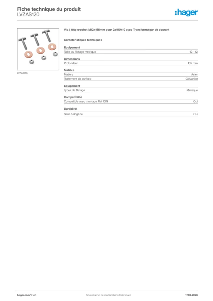 Image Hager Fiche technique du produit LVZAS120 | Hager Suisse
