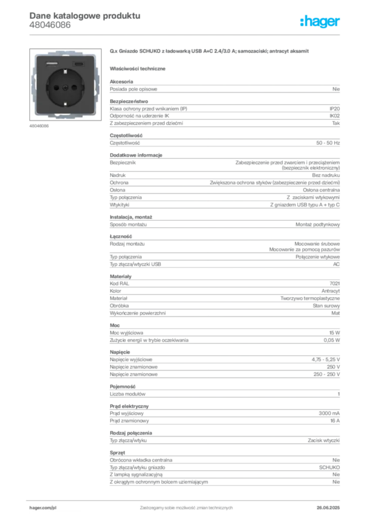 Zdjęcie Hager Dane katalogowe produktu 48046086 | Hager Polska