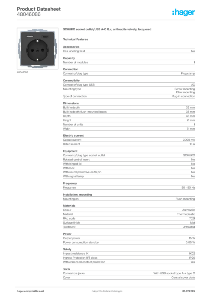 Image Hager Product data sheet 48046086  | Hager