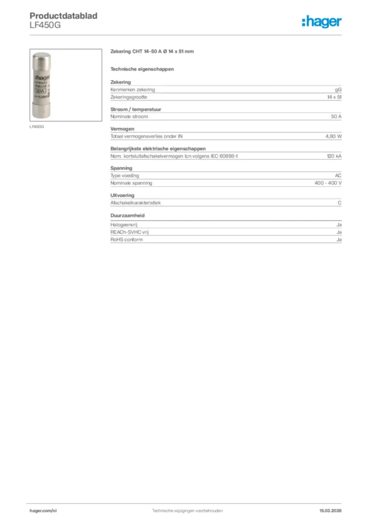 Afbeelding Hager Productdatablad LF450G | Hager Nederland