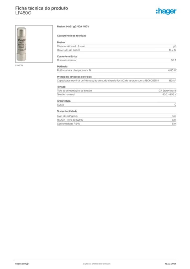 Imagem Hager Ficha técnica do produto LF450G | Hager Portugal