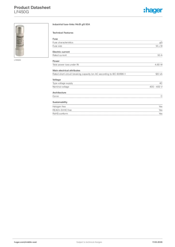 Image Hager Product data sheet LF450G  | Hager