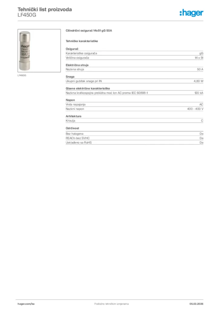 Slika Hager Tehnički list proizvoda LF450G  | Hager