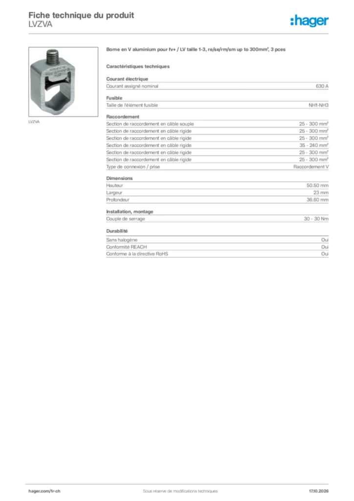 Image Hager Fiche technique du produit LVZVA | Hager Suisse