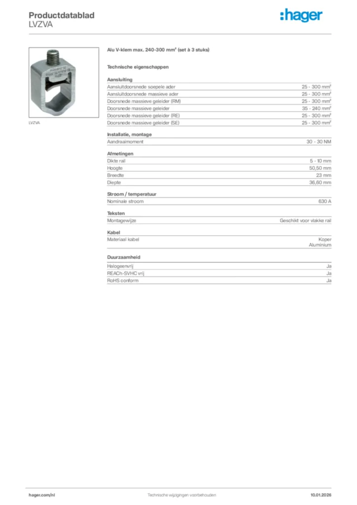 Afbeelding Hager Productdatablad LVZVA | Hager Nederland