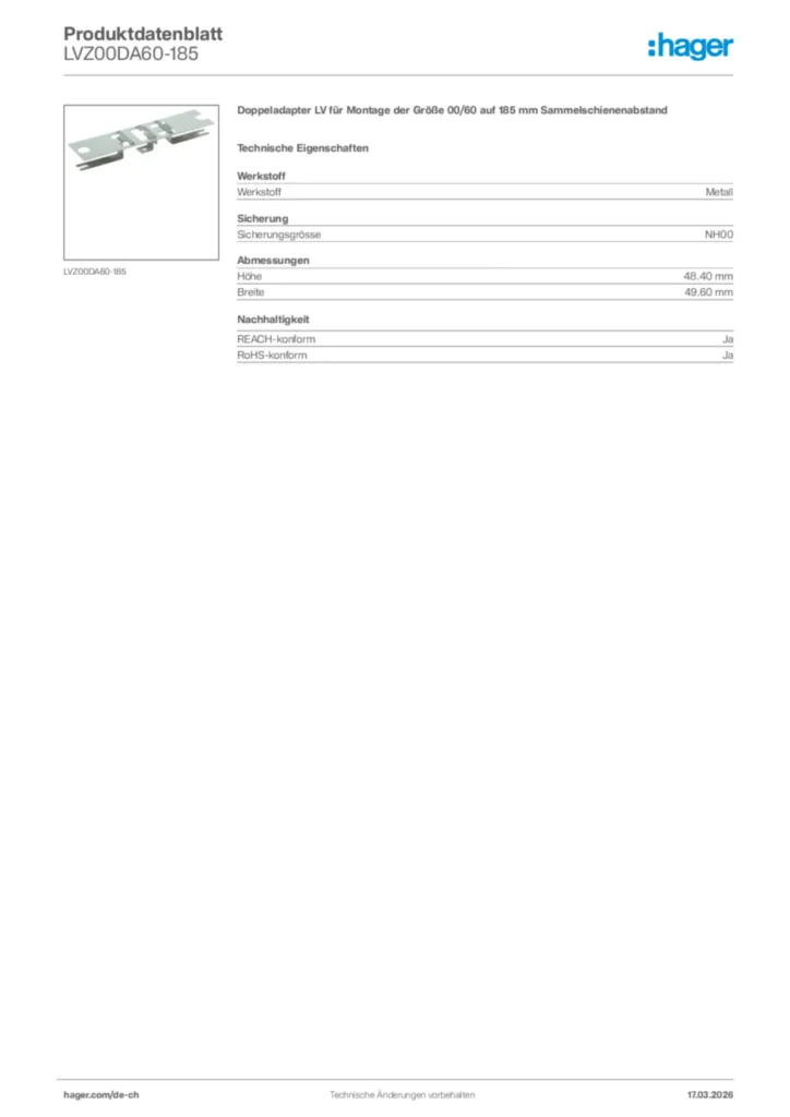 Bild Hager Produktdatenblatt LVZ00DA60-185 | Hager Schweiz