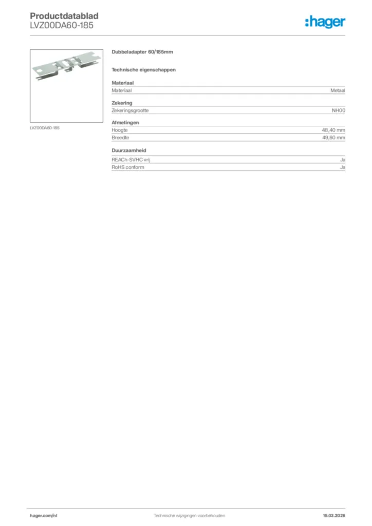 Afbeelding Hager Productdatablad LVZ00DA60-185 | Hager Nederland