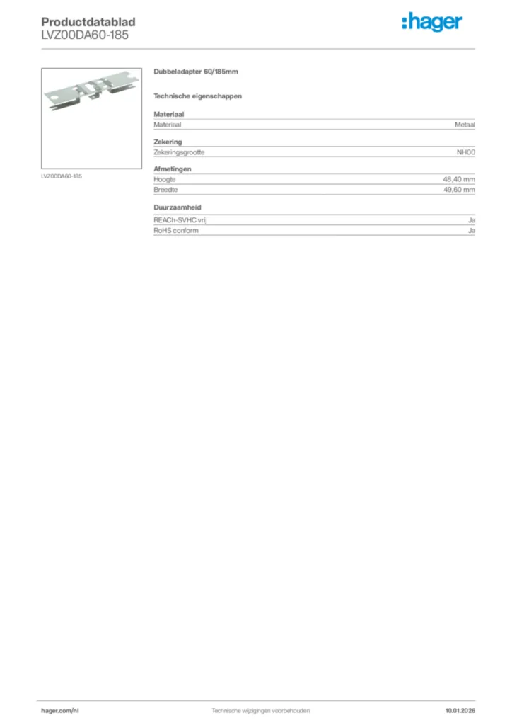 Afbeelding Hager Productdatablad LVZ00DA60-185 | Hager Nederland