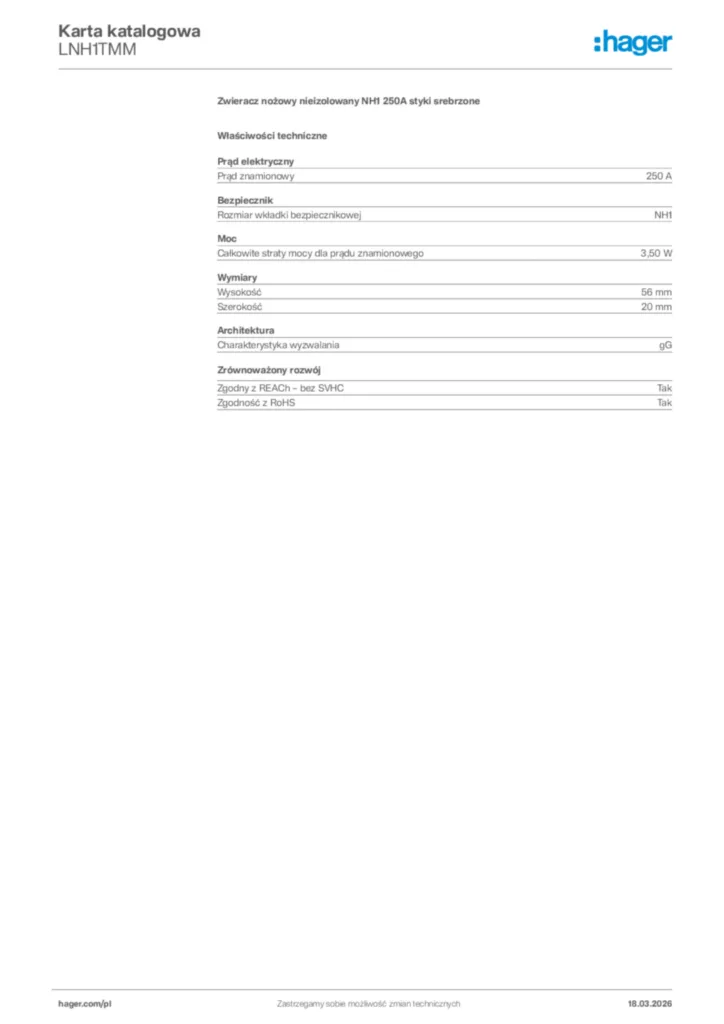 Zdjęcie Hager Karta katalogowa LNH1TMM | Hager Polska