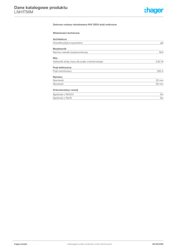 Zdjęcie Hager Dane katalogowe produktu LNH1TMM | Hager Polska