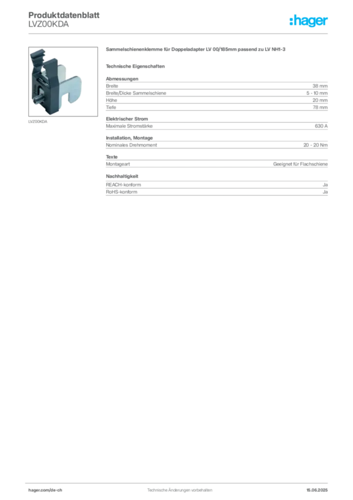 Bild Hager Produktdatenblatt LVZ00KDA | Hager Schweiz