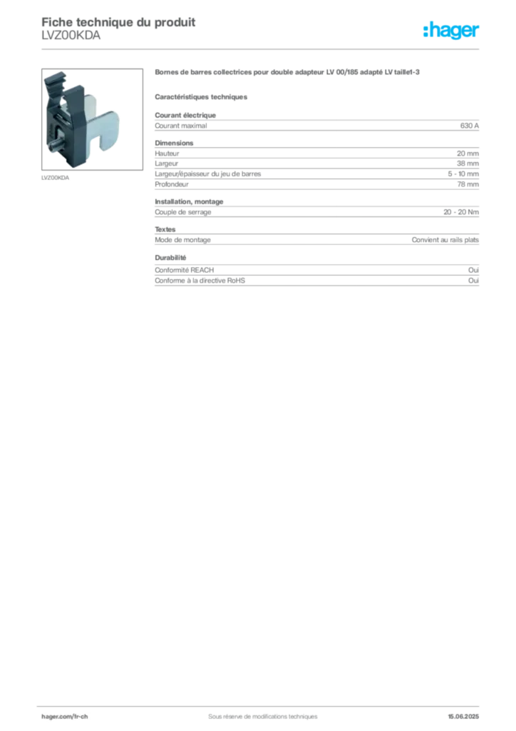 Image Hager Fiche technique du produit LVZ00KDA | Hager Suisse