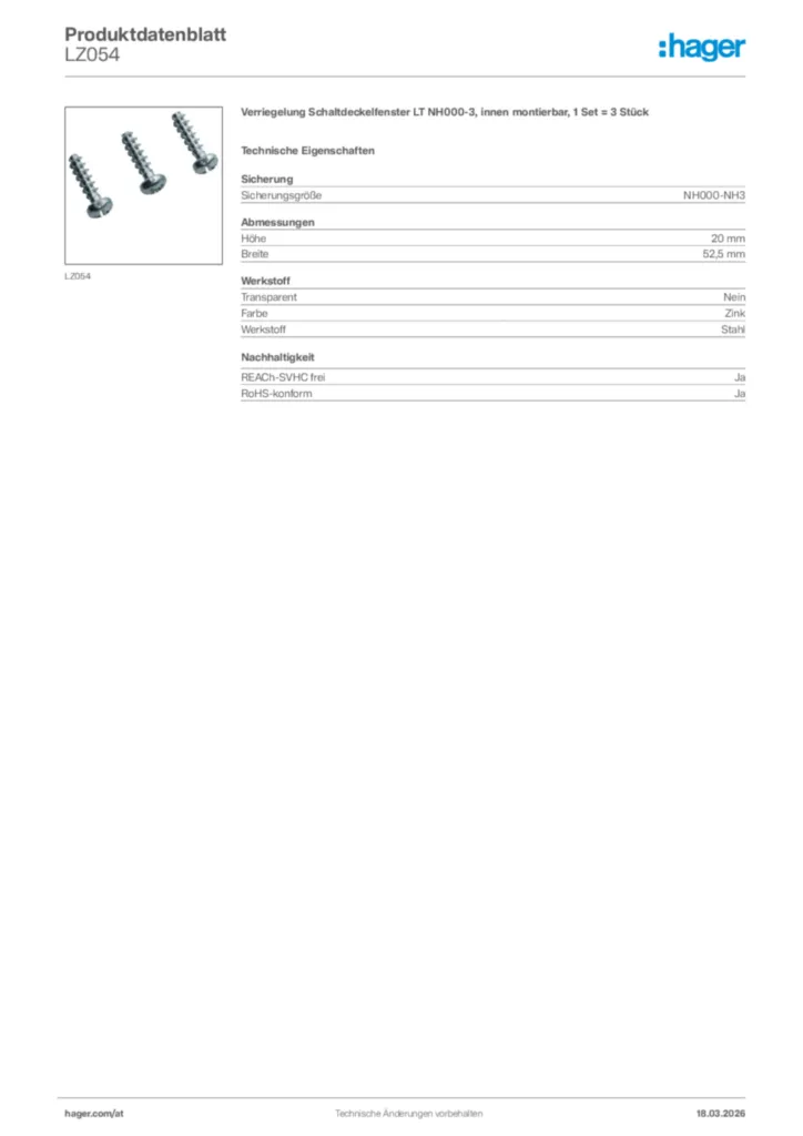Bild Hager Produktdatenblatt LZ054 | Hager Deutschland