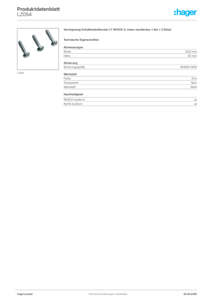 Bild Hager Produktdatenblatt LZ054 | Hager Deutschland