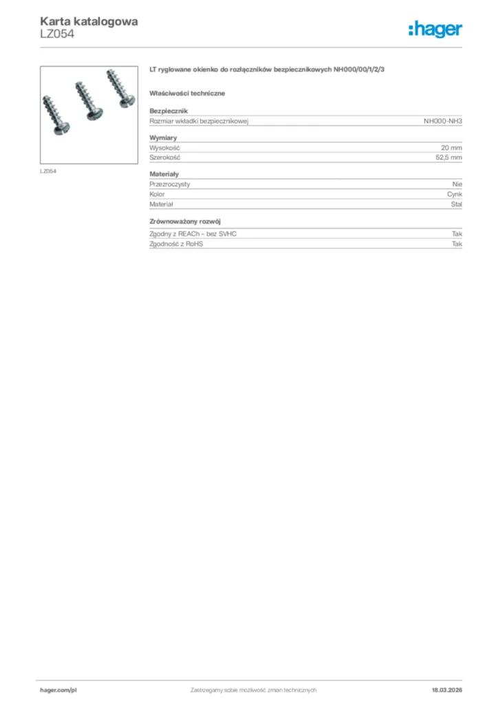 Zdjęcie Hager Karta katalogowa LZ054 | Hager Polska