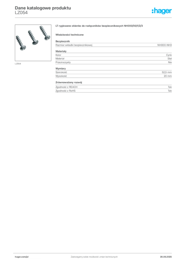 Zdjęcie Hager Dane katalogowe produktu LZ054 | Hager Polska