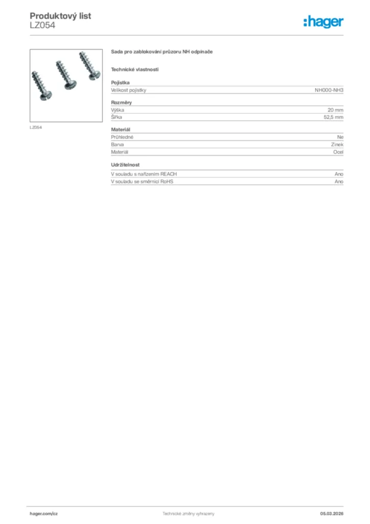 Obrázek Hager Product data sheet LZ054 | Hager