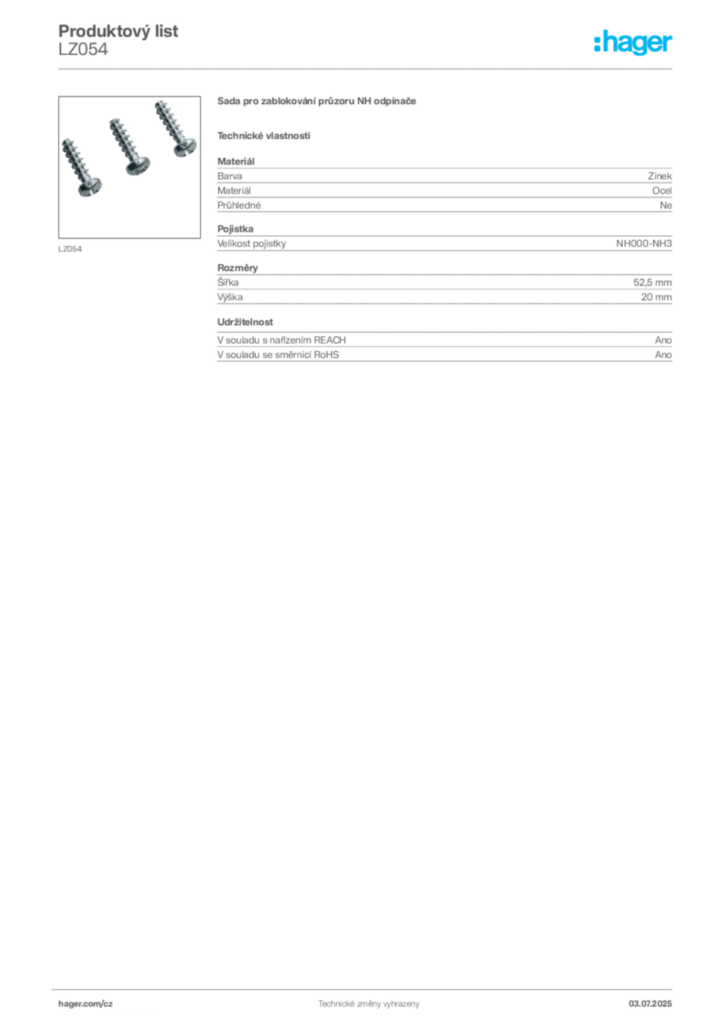 Obrázek Hager Produktový list LZ054 | Hager