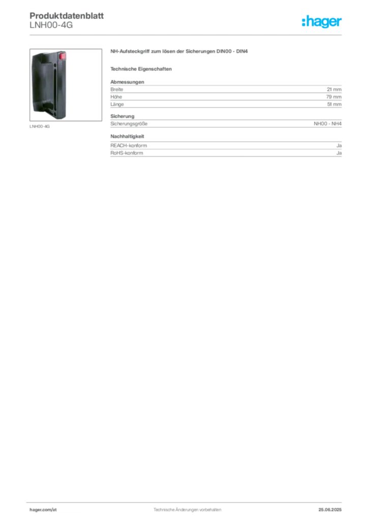 Bild Hager Produktdatenblatt LNH00-4G | Hager Deutschland