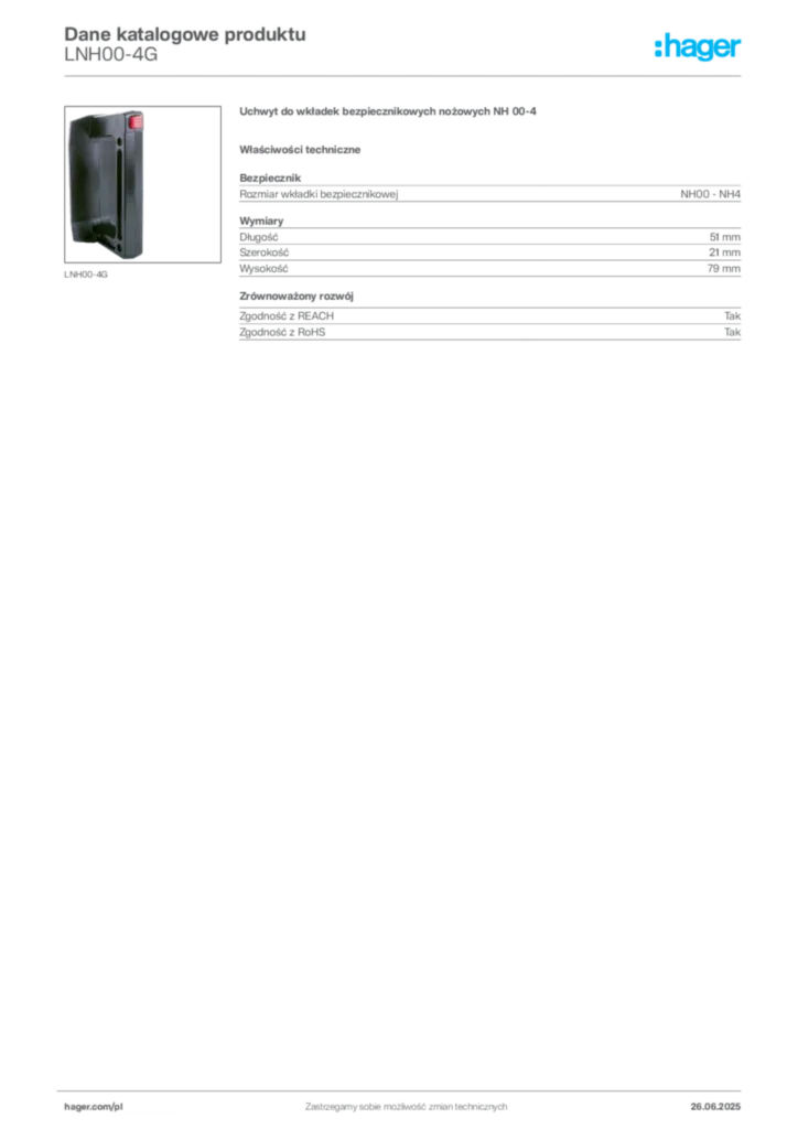 Zdjęcie Hager Dane katalogowe produktu LNH00-4G | Hager Polska