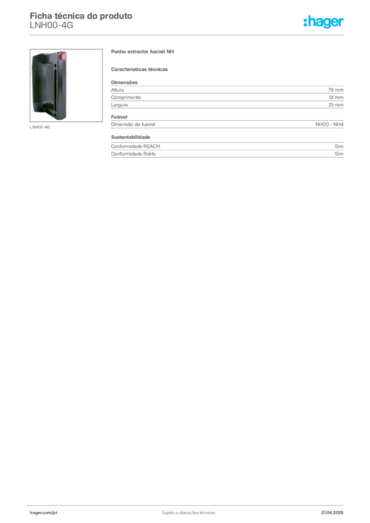 Imagem Hager Ficha técnica do produto LNH00-4G | Hager Portugal