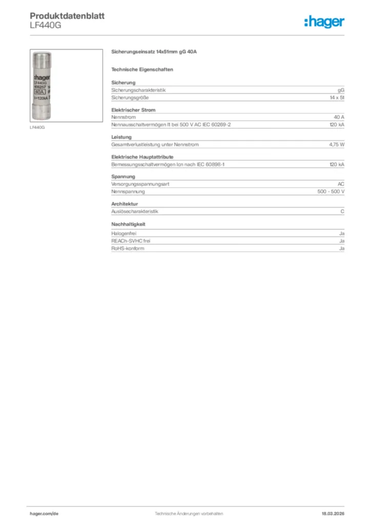 Bild Hager Produktdatenblatt LF440G | Hager Deutschland