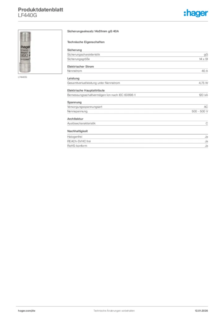 Bild Hager Produktdatenblatt LF440G | Hager Deutschland